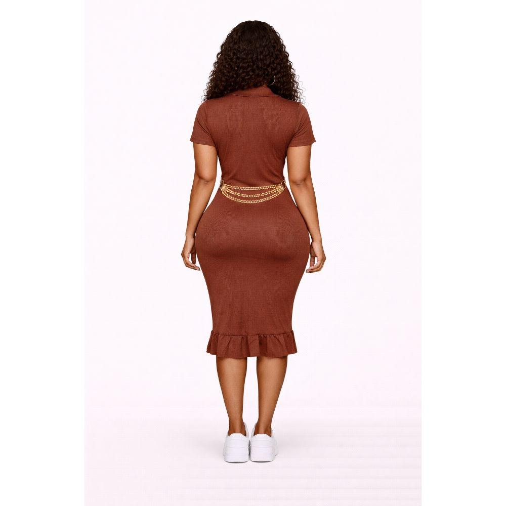 Brown Ribbed Bodycon Dress with Chain Detail & Ruffle Hem